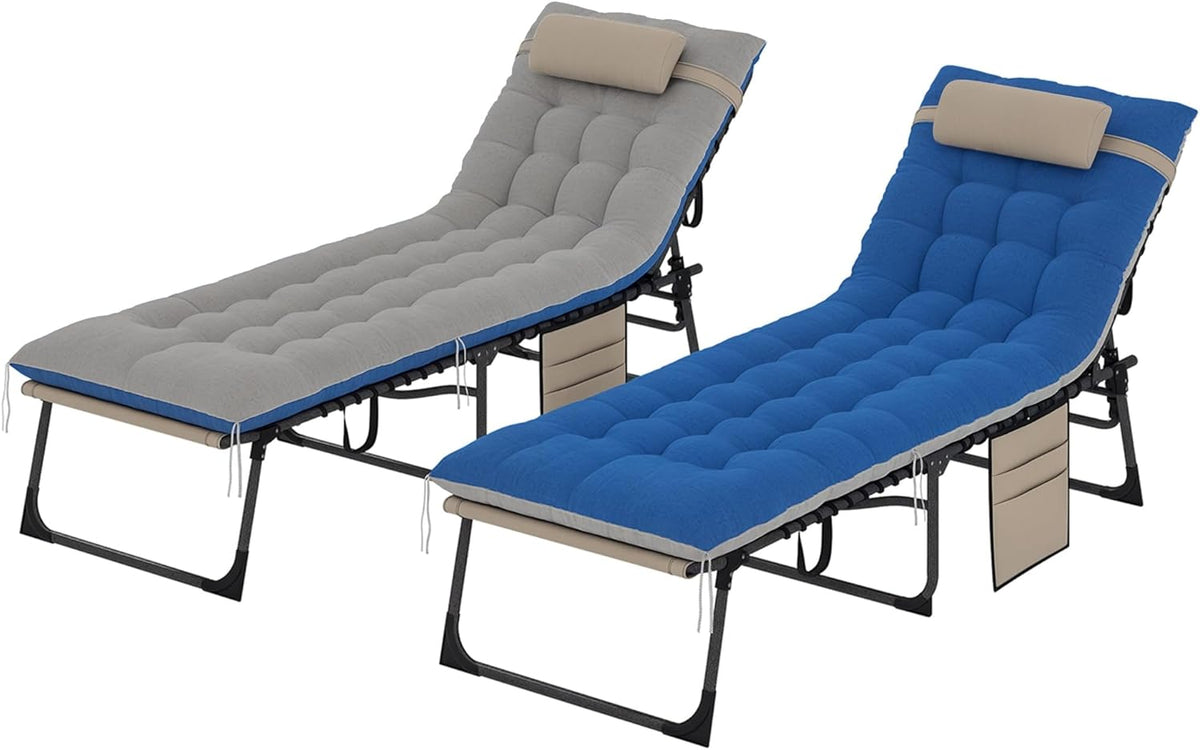 Outsunny Chaise Lounge Chair Outdoor Set of 2, 5-Position Adjustable Outdoor Pool Lounge Chairs, Folding Tanning Chair Beach Lounger with Cushion, Headrest, Side Pocket for Patio, Yard, Brown/Blue