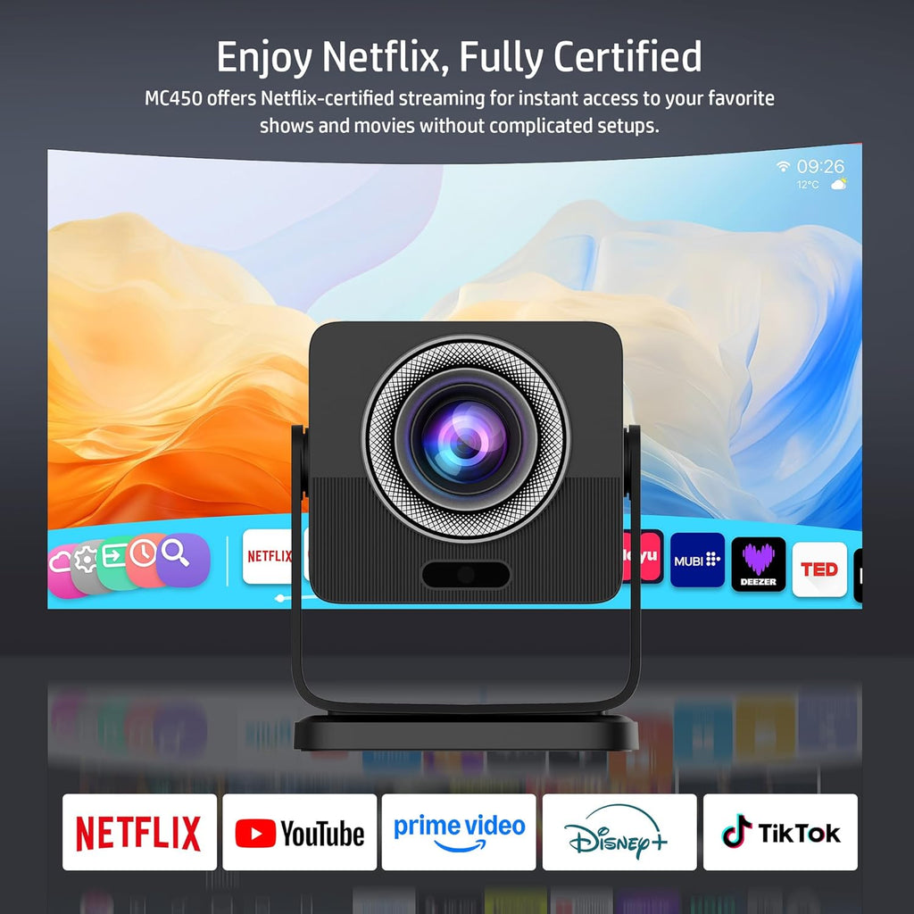 HP MC450 Smart Mini Portable Projector with WiFi & Bluetooth, Official Licensed Apps, Short Throw Projector with 4K Support, Voice Control, USB-C, Movie Projector for Bedroom & Outdoor