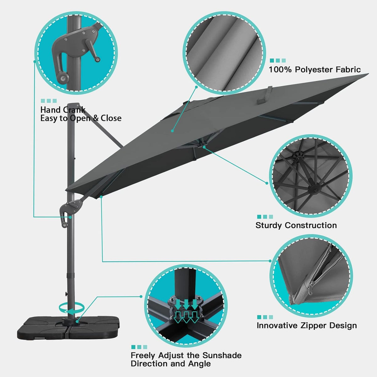 Sunnyglade 10x13Ft Cantilever Patio Umbrella Rectangular Deluxe Offset Umbrella 360°Rotation & Integrated Tilting System Patio Hanging Umbrella for Market Garden Deck Pool Backyard Patio(Grey)