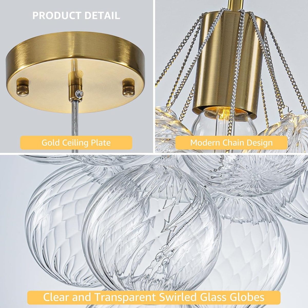 Dining Room Chandelier 14.17", Modern Brushed Gold Pendant Light Bubble Ceiling Light Chandelier Vintage Hanging Light Fixtures with 10 Swirled Glass Globe for Foyer Bedroom Kitchen, Include E26 Bulb