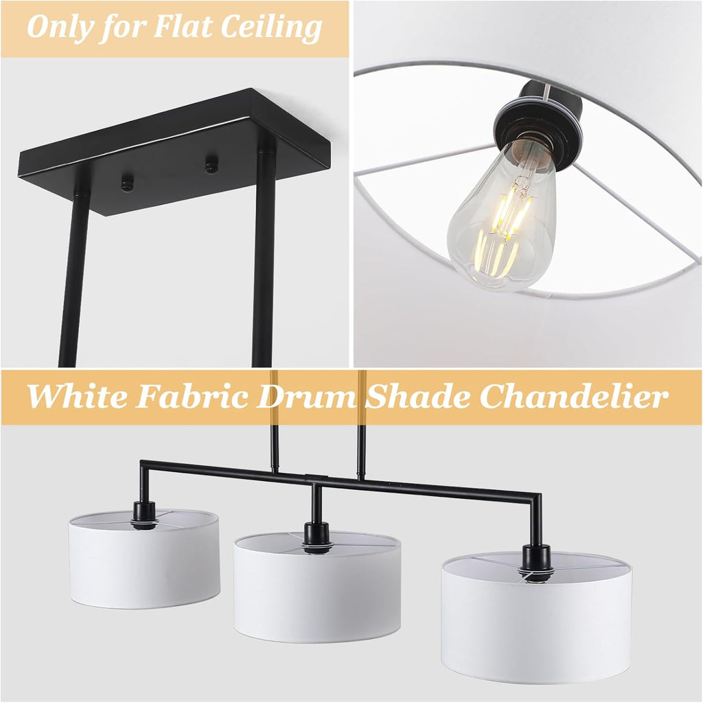 47" W Modern Linear Kitchen Island Pendant Light Fixture 3-Light White Linen Drum Shade Chandelier Black Metal Linear Chandeliers for Dining Room Farmhouse Hanging Light for Living Room, Bar, E26