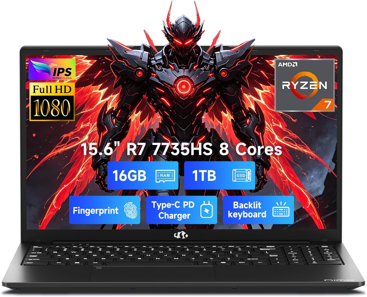 NIMO Gaming Laptop, AMD Ryzen 7 7735HS (8-Core Beats i7-12650H), 16GB DDR5 1TB SSD, 100W PD, Radeon 680M 15.6" FHD Backlit KB Fingerprint Computer for Business Gaming College School