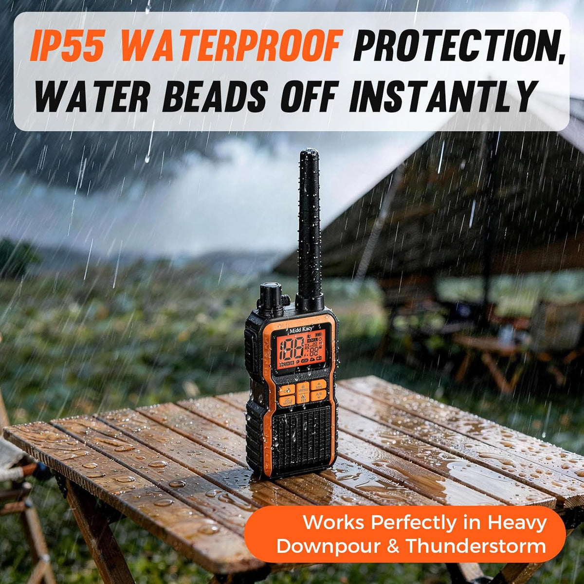 Midd Kacy Walkie Talkies, 60 Channel GMRS Handheld Waterproof Hunting Two Way Radio with 121 Privacy Codes, SOS, NOAA Weather Alerts, VOX, Channel Scanning, 4 Pack (Black/Orange)