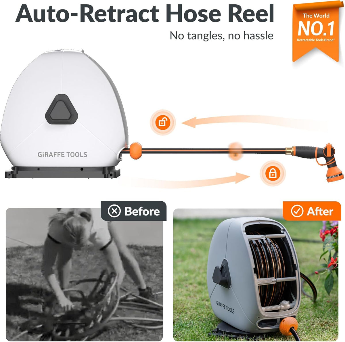 Giraffe Tools Retractable Heavy Duty Hose Reel, 1/2" x 100FT Automatic Rewind Garden Hose Reel with 360° Swivel Base, Ground Mounted for Lawn, Patio, Concrete Floor & Yard Watering