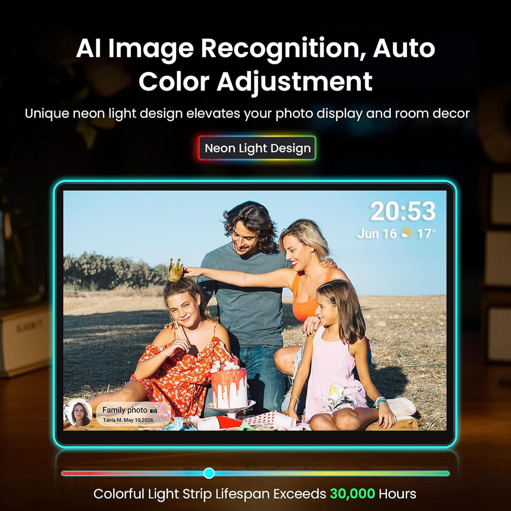 ApoloSign 14" Neon Light Digital Picture Frame, Desk Digital Calendar, Auto-synced Schedule via Frameo App - 2K FHD Touchscreen | AI Color-Changing LED | Share Photo/Video Instantly | Gift for Parents