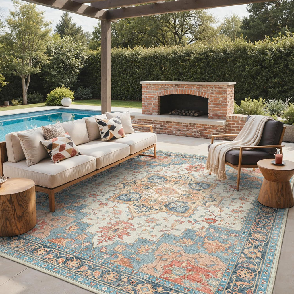 GENIMO Outdoor & Indoor Area Rug 8'x10', Waterproof, Non-Shedding, Easy Cleaning, Boho Mat for Patio, Living Room, Balcony, Dining Room, RV, Deck, Bedroom, Camping, Outside Carpet,Blue Salmon