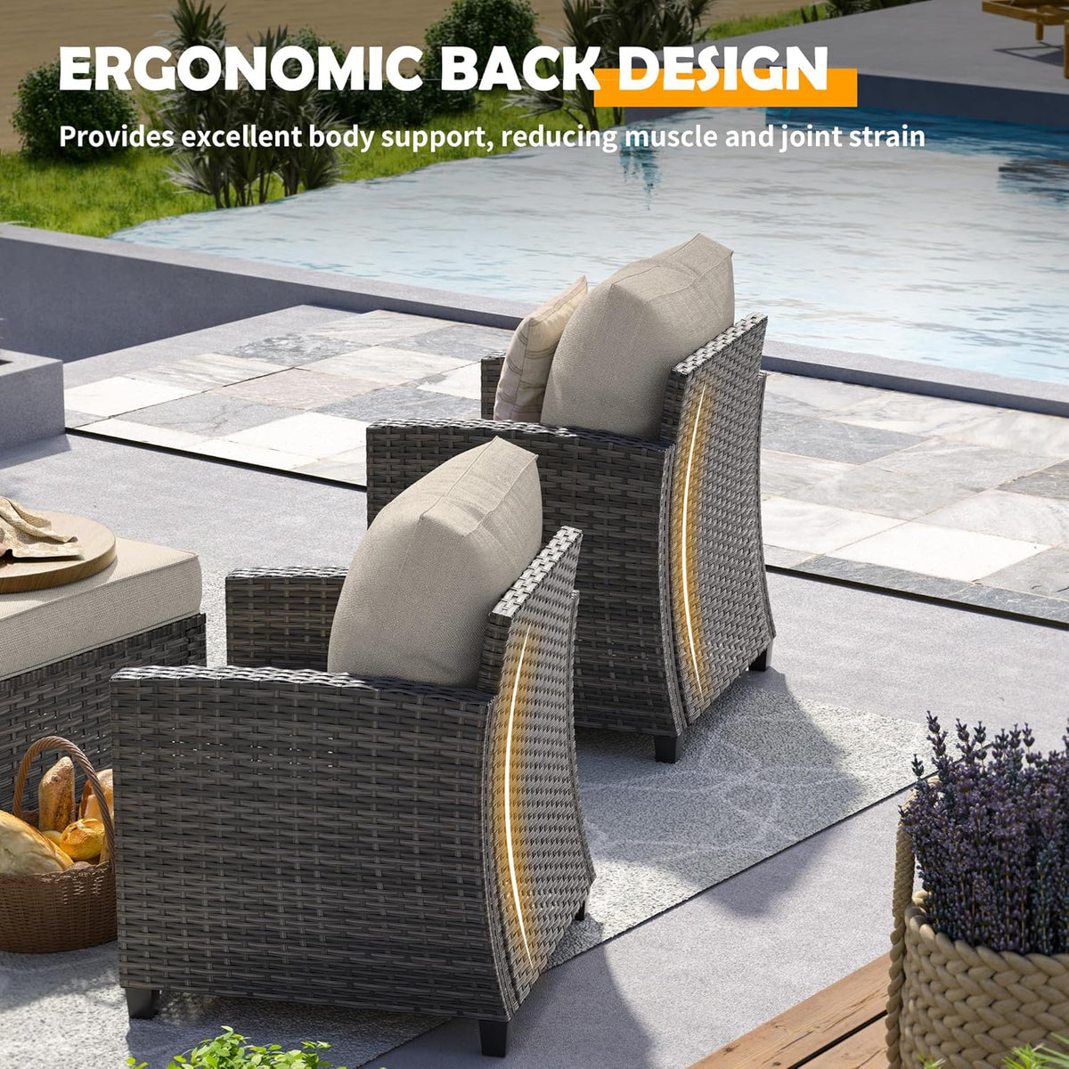UDPATIO Patio Furniture Set with 44" Fire Pit Table, 6 Pieces Outdoor Sectional Conversation Sets, All-Weather Wicker Rattan Sofa Ottoman with 4" Thick Cushion for Garden Backyard Deck, Khaki