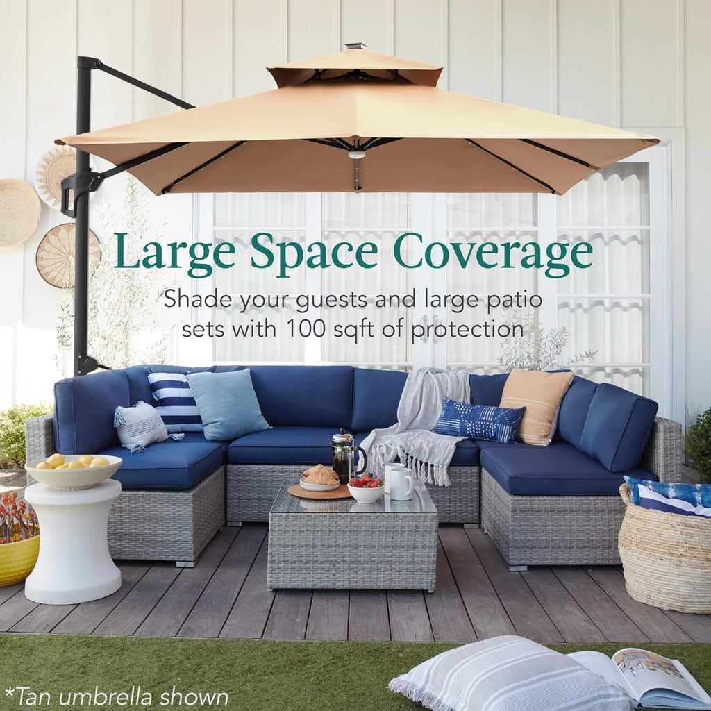 Best Choice Products 10x10ft Cantilever Patio Umbrella w/Base Included, Solar LED Lights 360 Rotation Large Offset Hanging Outdoor Shade for Deck Pool Backyard w/Stand – Burgundy