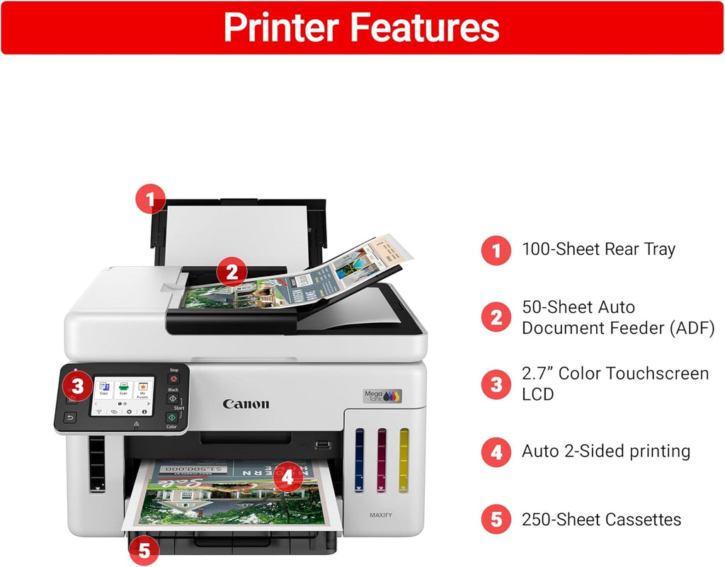 Canon Megatank GX6120 Wireless All-in-One Printer, Print, Scan and Copy, with 2.7" LCD Touch Screen and Auto Document Feeder, White