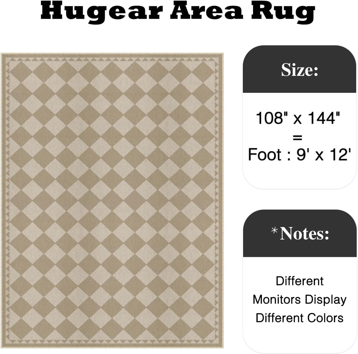 HUGEAR 9x12 Outdoor Rug Brown/Beige Linen-Look Fabric Checkered Area Rug High Traffic Stain Resistant Easy Clean Durable Rugs for Indoor/Outdoor Patio Deck Balcony Porch Garden Courtyard