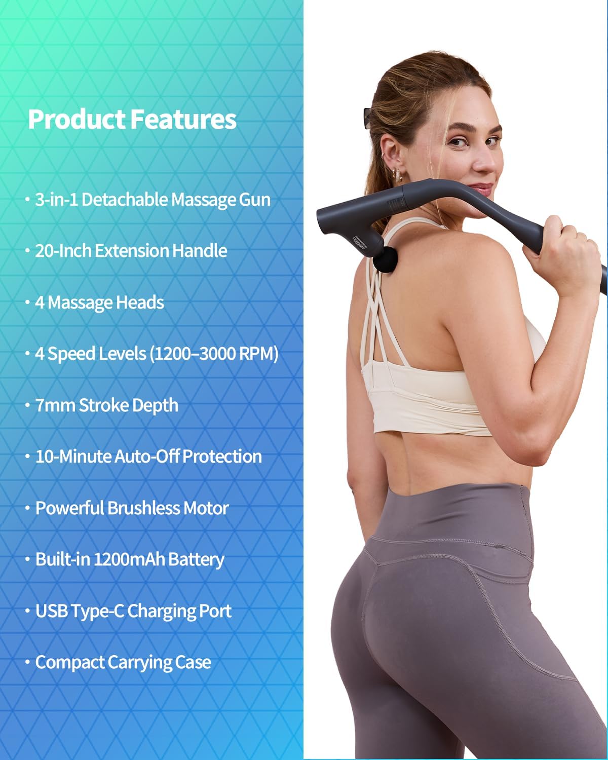 3-in-1 Detachable Massage Gun Deep Tissue, Ergonomic Extension Handle Back Massager for Pain Relief, Portable Percussion Muscle Massager for Shoulder, Thigh, Waist & Neck, FSA-HSA Eligible