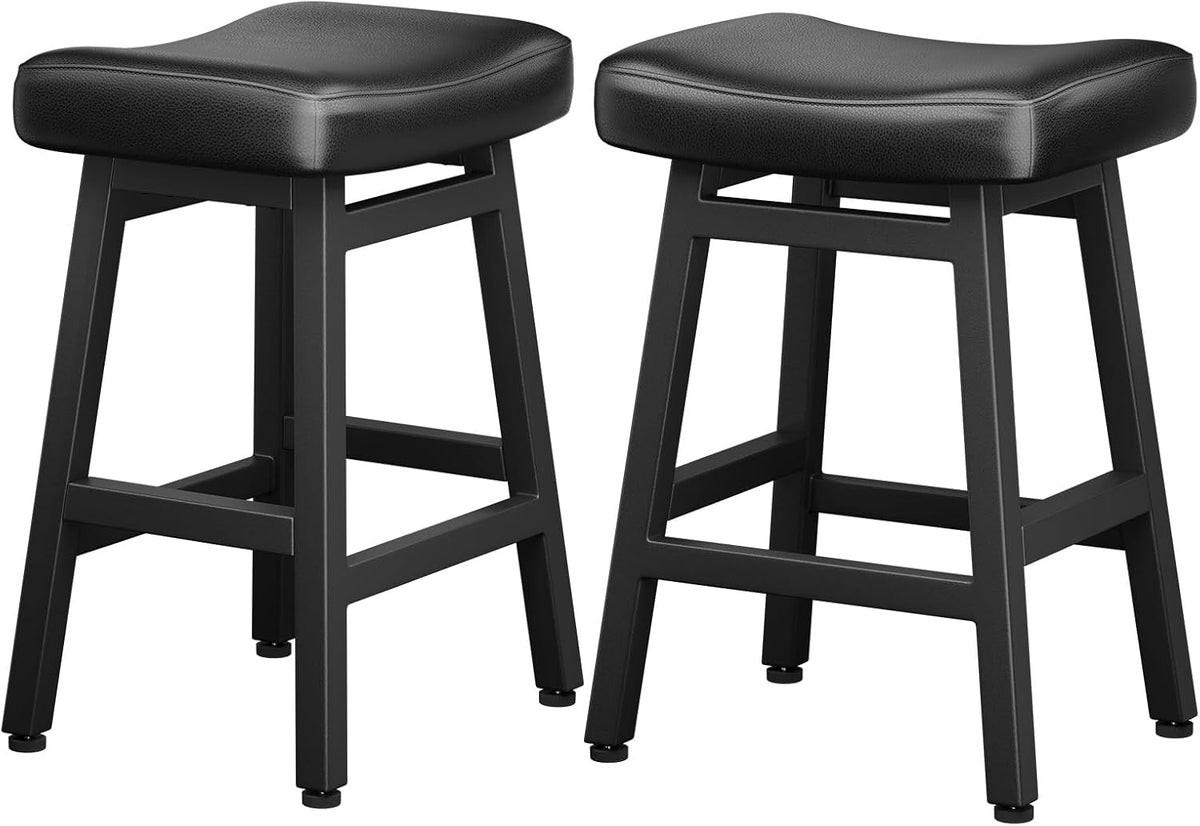 Raynesys Counter Height Bar Stools Set of 2, 24 Inch Barstools for Kitchen Counter, Kitchen Stools with Bonded Leather Saddle Seats & Heavy Duty Metal Legs, Easy Assembly, All Black