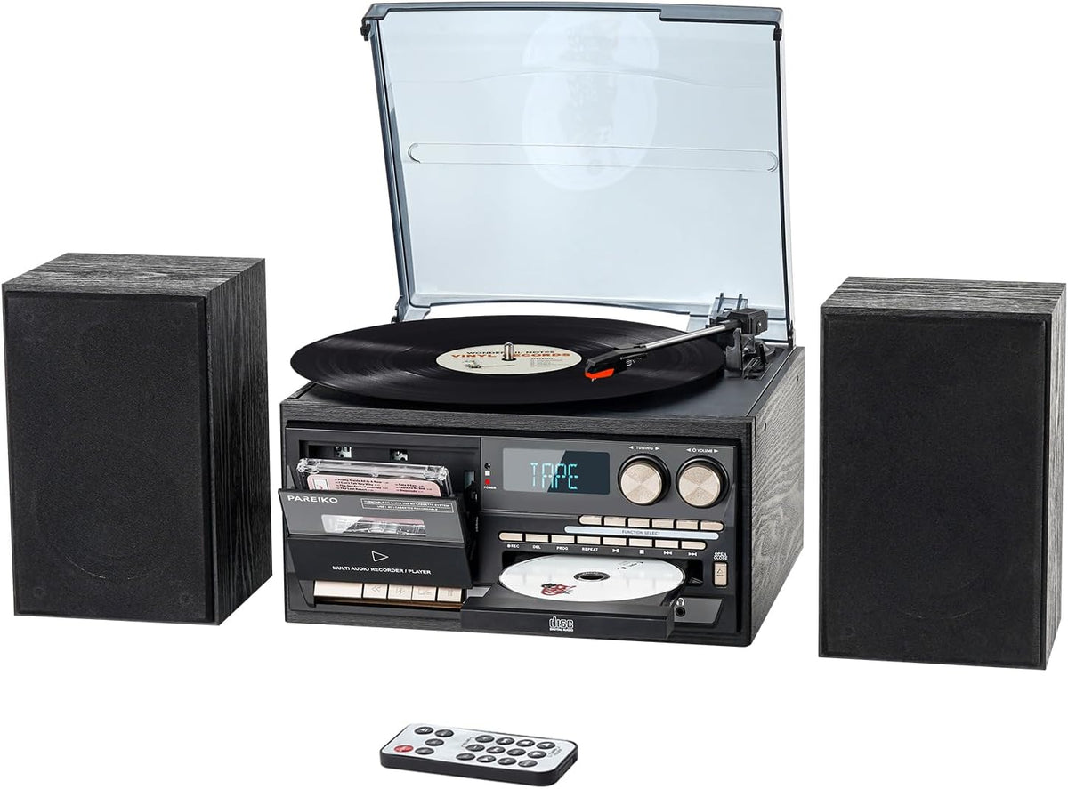 10 in 1 Record Player with Bluetooth Turntable CD Cassette USB SD MMC AM FM Radio Remote Control with Dual External Stereo Speakers