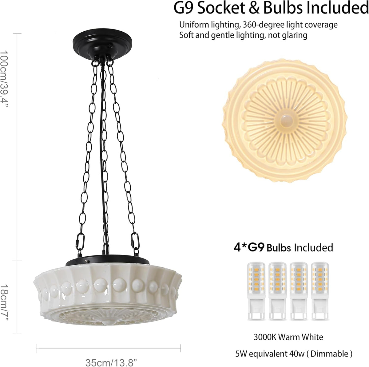 Milk Glass Pendant Light, 14" Mid Century Modern Schoolhouse Hanging Ceiling Light Fixture, Vintage Chandelier for Bedroom, Dining Room,Hallway,Kitchen Island, 4*G9 Dimmable Bulbs Included, 3000K