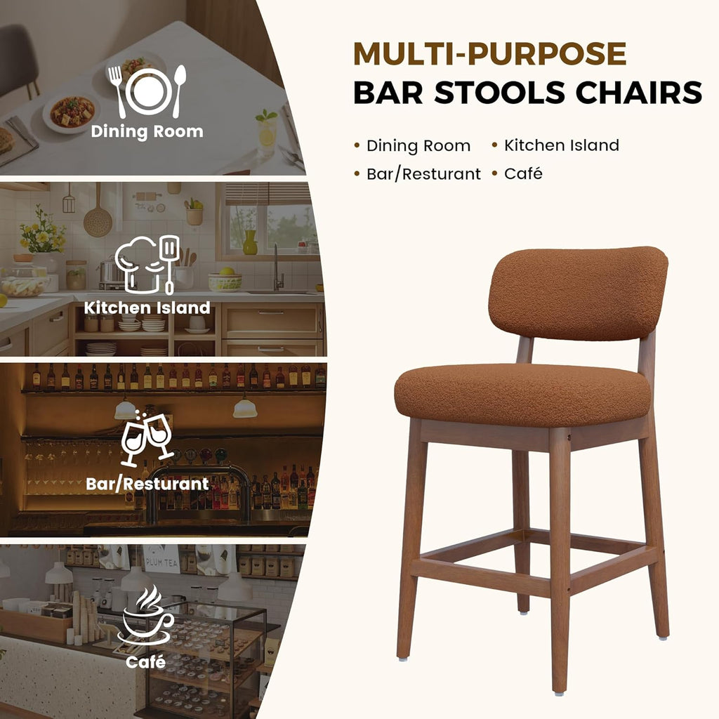 Counter Height Bar Stools Set of 2, Mid-Century Modern Boucle Bar Chairs with Solid Wood Frame, Upholstered Stools with Backrest for Kitchen Island, Home Bar, Caramel Brown