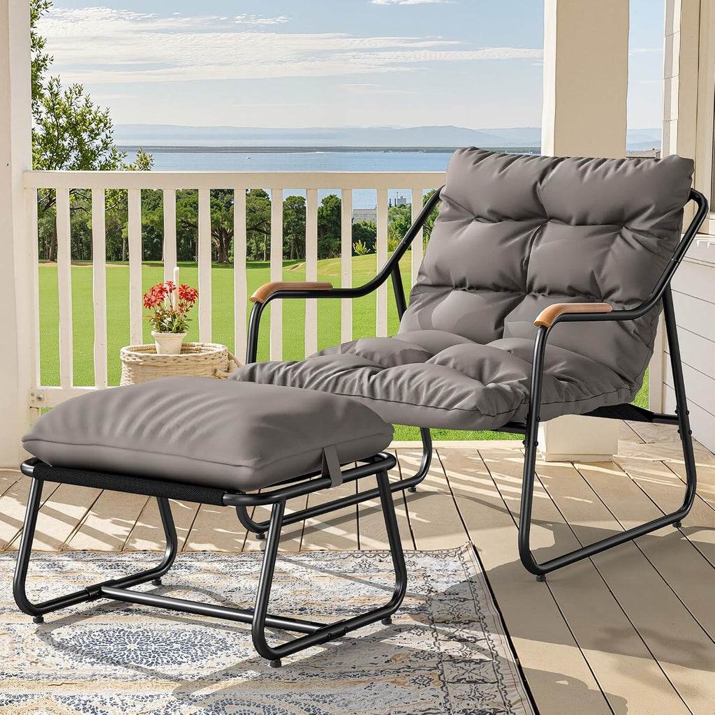 YITAHOME Patio Lounge Chair with Ottoman, Oversized Papasan Chair with Soft Cushion, Indoor/Outdoor Textilene Lounge with Teak Wood Handrail and Footstool for Living Room, Porch, Backyard or Garden