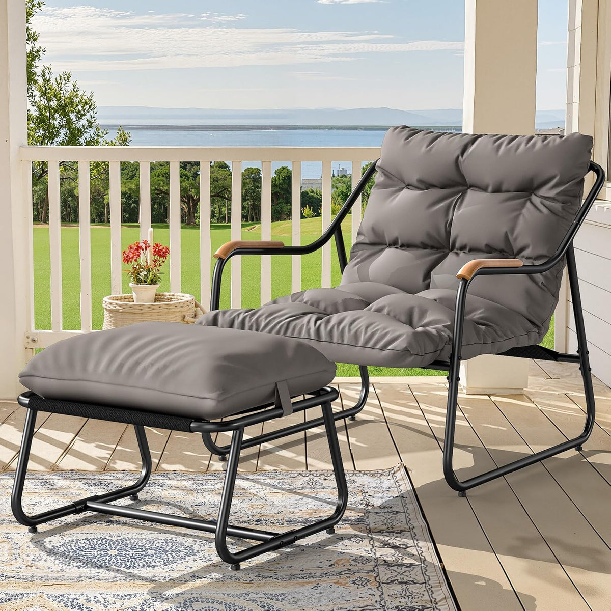 YITAHOME Patio Lounge Chair with Ottoman, Oversized Papasan Chair with Soft Cushion, Indoor/Outdoor Textilene Lounge with Teak Wood Handrail and Footstool for Living Room, Porch, Backyard or Garden