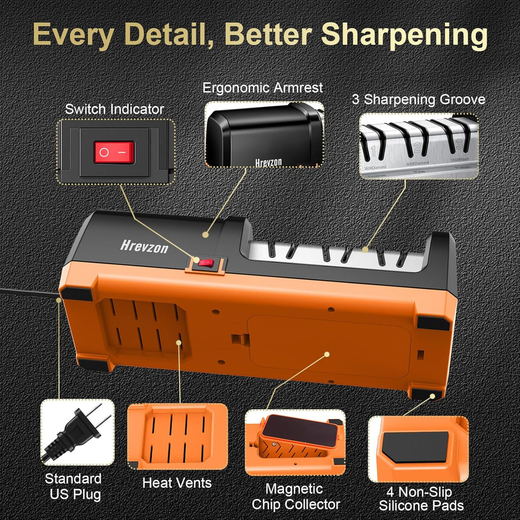 2026 New Electric Knife Sharpener for Kitchen Knives, with 100% Diamond Abrasives and Precision Angle Guides, 3-Stage Professional Automatic Quickly Sharpening/Polishing, Black/Orange