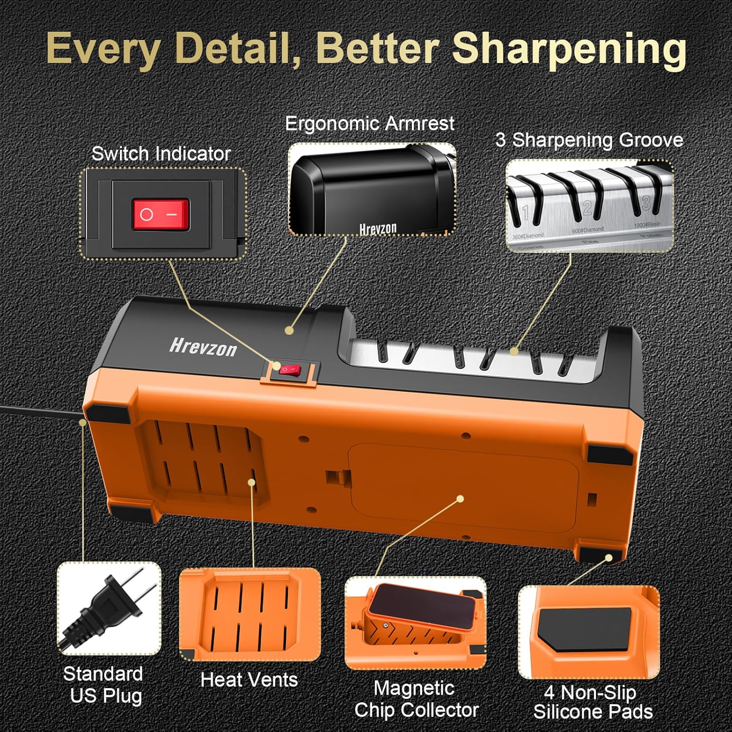 2026 New Electric Knife Sharpener for Kitchen Knives, with 100% Diamond Abrasives and Precision Angle Guides, 3-Stage Professional Automatic Quickly Sharpening/Polishing, Black/Orange