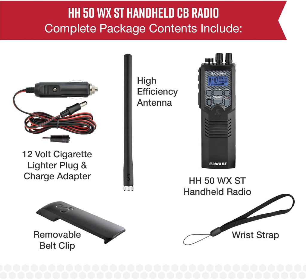 Cobra HH50WXST Handheld CB Radio - Emergency Radio with Access to Full 40 Channels and NOAA Alerts, Earphone Jack, 4 Watt Power Output, Noise Reduction and Dual Channel Monitoring, Black