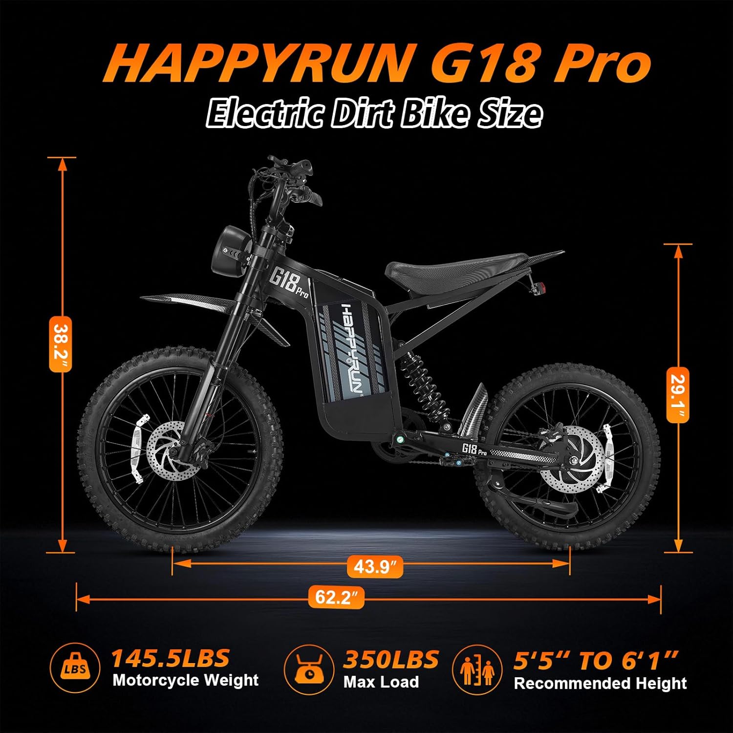 HAPPYRUN G18pro Electric Dirt Bike for Adults – 4500W Peak Motor, 60V 35Ah Battery, 38 mph Top Speed, 75 Mile Range, 5-Level Speed Control, Full Suspension, Hydraulic Brakes, 19″/17″ Off-Road Tires