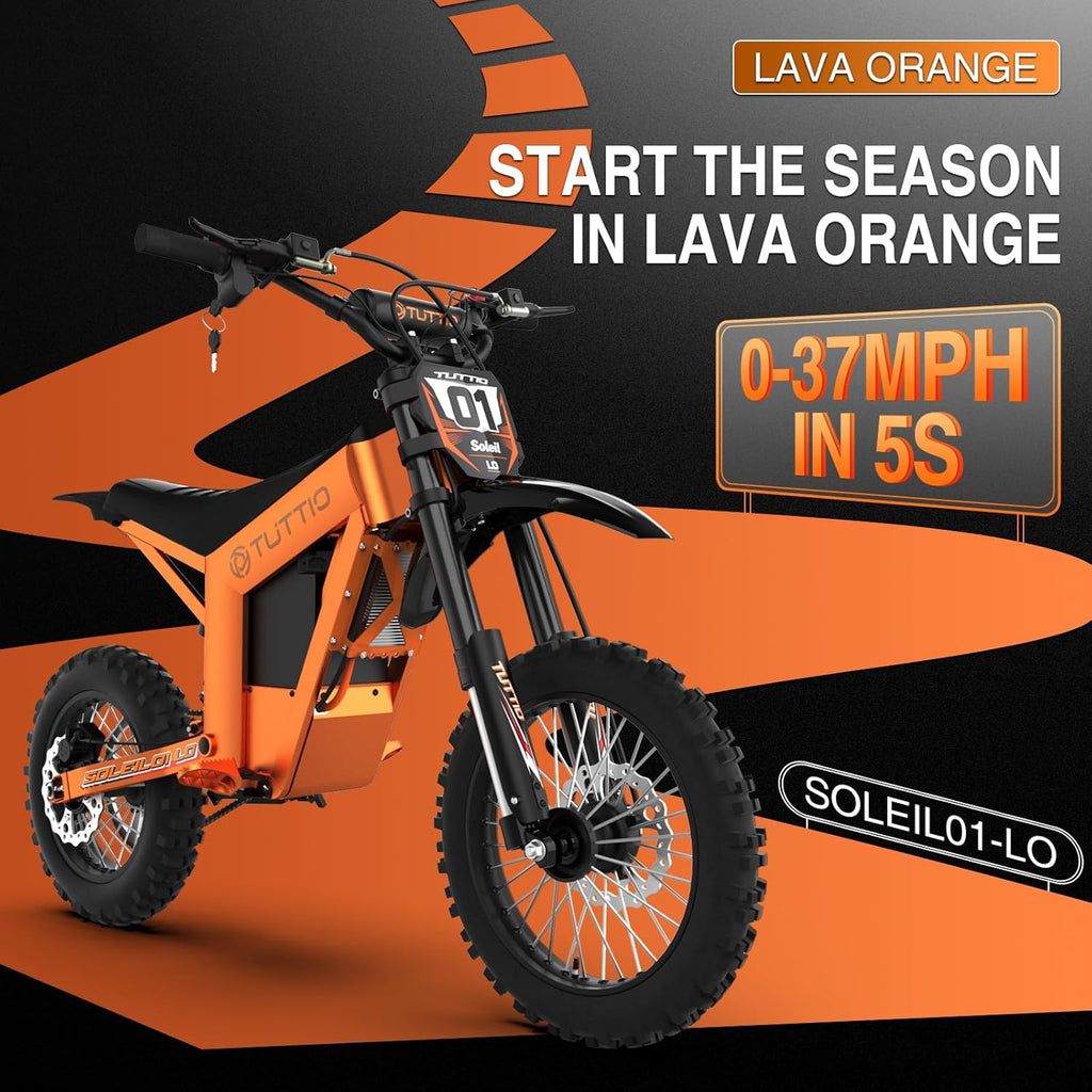TUTTIO Soleil01-LO 3000W Mid-Drive Electric-Dirt-Bike for Teens & Adults - 37MPH, 220Nm, 48V 21Ah Removable Battery, Full Suspension Off-Road Electric Motorcycle, 14"/12" Tires for Mountain Adventure