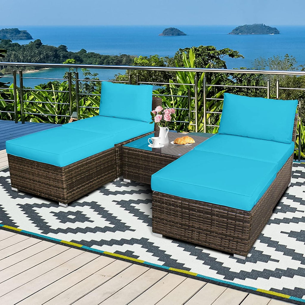 Tangkula 5 Piece Wicker Lounge Chair Set, with Tempered Glass Coffee Table, Outdoor Conversation Sets w/Washable Zippered Cushions, Includes 2 Armless Sofas, 2 Ottomans and 1 Side Table (Turquoise)