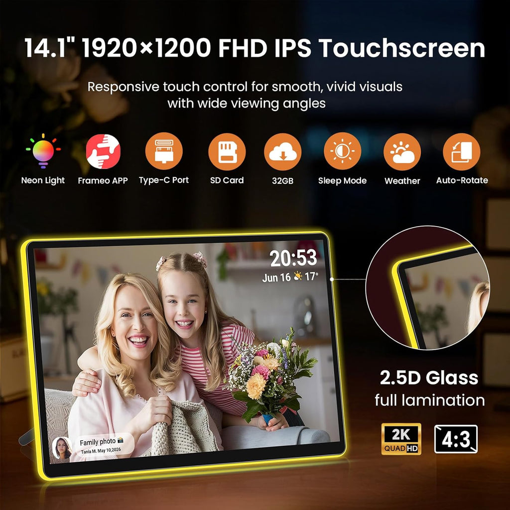 ApoloSign 14" Neon Light Digital Picture Frame, Desk Digital Calendar, Auto-synced Schedule via Frameo App - 2K FHD Touchscreen | AI Color-Changing LED | Share Photo/Video Instantly | Gift for Parents