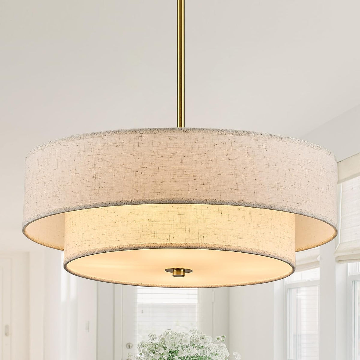 Gold Modern Chandelier 18'' Drum Chandeliers with 2-Layer Fabric Shade 4-Light Linen Pendant Light Fixture for Dining Room Bedroom Kitchen Hallway Foyer