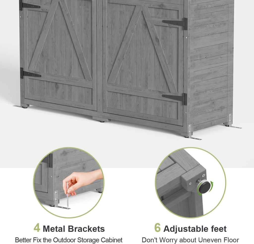 Gizoon Outdoor Storage Cabinet with Waterproof Roof, Double Lockable Doors Garden Shed with 2 Removable Shelves, Wooden Storage Shed with Large Storage Space for Patio, Garden, Backyard, Lawn, Grey