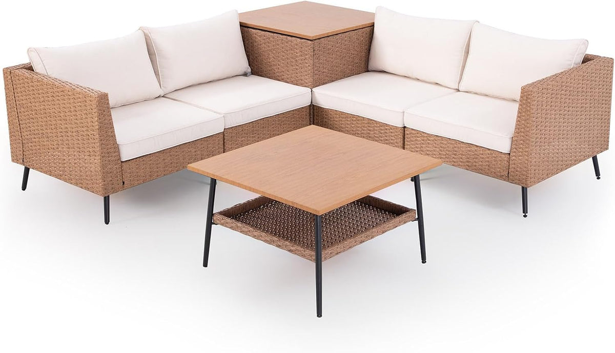 LAUSAINT HOME 6 Pieces Outdoor Patio Furniture Sets, Rattan Conversation Sectional Set with Cushions and Storage Box, Patio Sofa with Outdoor Table