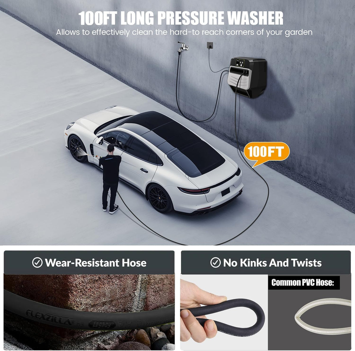 Wall Mounted Pressure Washer 5500 PSI Retractable Pressure Washer with 100ft Auto-Retract Hose, 5 Nozzles and 1L Foam Cannon, Electric Power Washer for Home, Car, Hose Reel, Silver