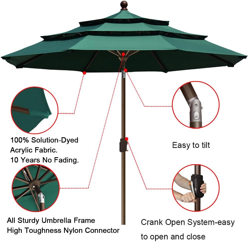 EliteShade USA 10-Year-Non-Fading 9ft 3-Tier Market Patio Umbrella, Commercial Grade Outdoor Table Umbrella with Crank Open, Windproof & UPF 50+ UV Protection, Heavy Duty Ventilation for Garden, Deck, Pool, Backyard, Beach & Bistro, Forest Green