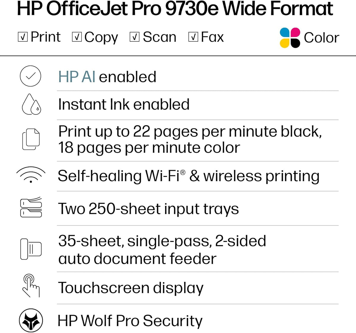 HP OfficeJet Pro 9730e Wide Format Wireless All-in-One Color Inkjet Printer, Print, scan, Copy, ADF, Duplex Printing Best-for-Office, 3 Month Instant Ink Trial Included, AI-Enabled (537P6A)