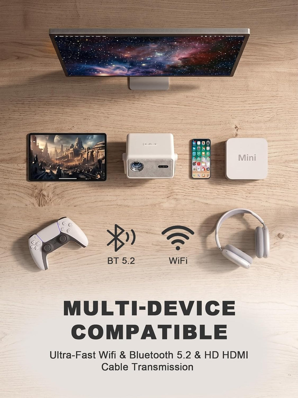 Now with Netflix & 2500ANSI 4K Smart Projector with WiFi and Bluetooth, Auto Focus & Keystone Portable Print Server Mini Projector with Stand, Outdoor Home Theater Small Proyector for bedroom