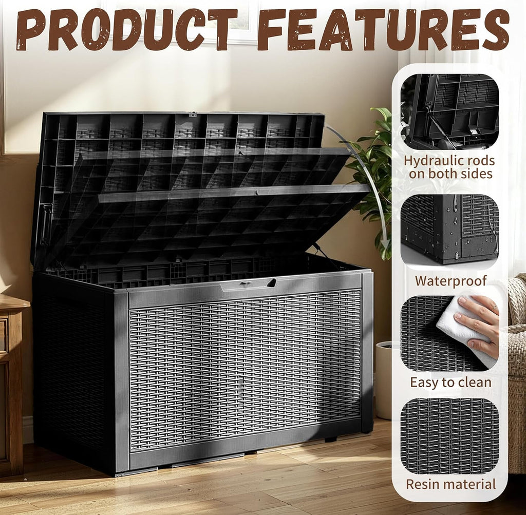 EFU Outdoor Storage Box 100 Gallon Deck Box Resin Outdoor Toy Storage With Lockable Lid, Hydraulic Struts, Rattan Style Package Delivery Boxes for Outside Patio Yard Garden (Black)