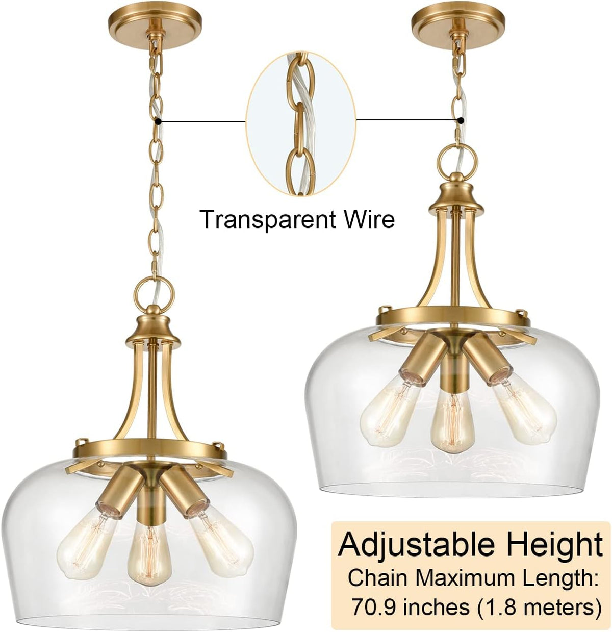 Modern 3-Light Gold Pendant Light with Clear Glass Shade, Mid Century 15-Inch Pendant Lighting Adjustable Height Hardwired Brass Glass Chandelier for Kitchen Island Dining Room
