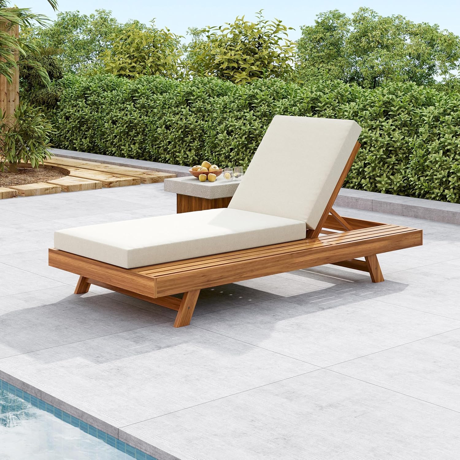 Christopher Knight Home Kayes Acacia Wood Chaise Lounge with 4'' Cushion, Outdoor 79'' Patio Recliner Chair with 4-Position Adjustable Backrest, Sun Lounger for Poolside Backyard, Teak+Cream