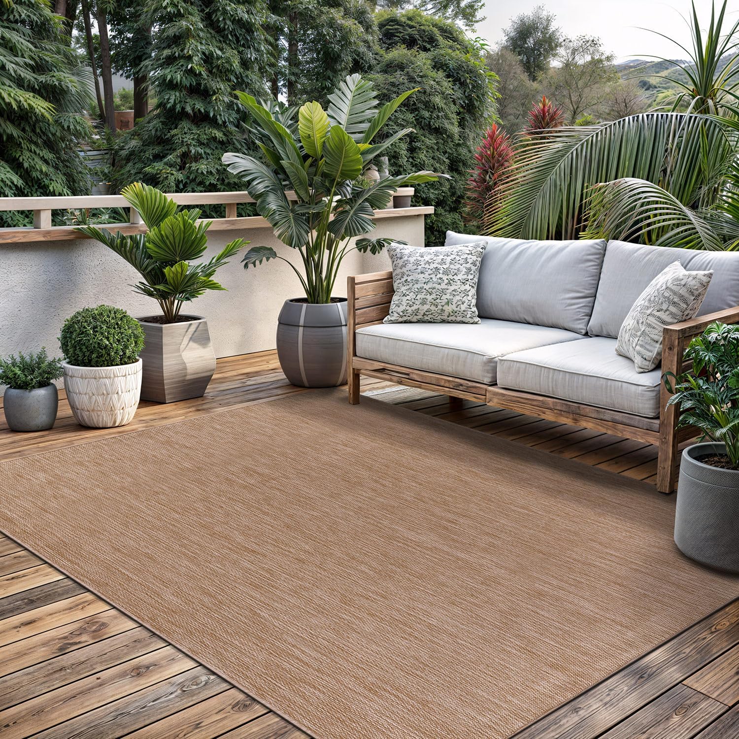 Washable Indoor Outdoor Rug 10x14 Weather Resistant Area Rugs Modern Solid Jute Rug for Porch Deck Balcony Backyard Patio Outside Carpet (10 X 14 Jute Beige)
