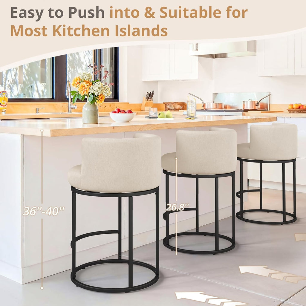 LUE BONA 26.8" Counter Height Bar Stools Set of 3, 180° Swivel Bar Stools, Modern Barrel Counter Stools with Back and Metal Frame, Fabric Upholstered Barstools for Kitchen Island, Linen Color