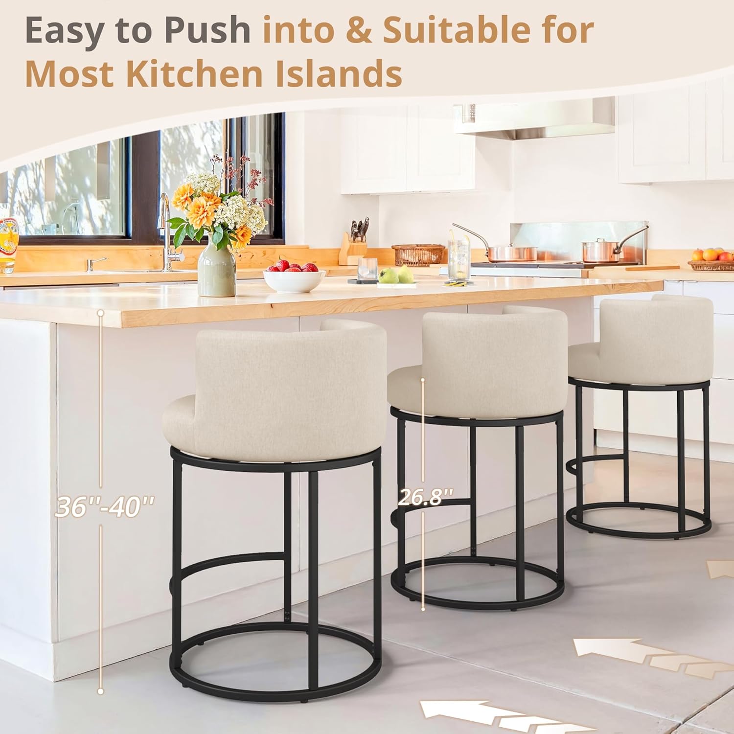 LUE BONA 26.8" Counter Height Bar Stools Set of 3, 180° Swivel Bar Stools, Modern Barrel Counter Stools with Back and Metal Frame, Fabric Upholstered Barstools for Kitchen Island, Linen Color