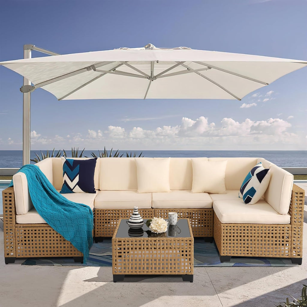 KIGOTY 7-Piece Patio Furniture Set, All-Weather PE Rattan Outdoor Sectional Sofa, Modular Wicker Conversation Set with Thick Cushions & Easy-Clean Coffee Table（Yellow/White）
