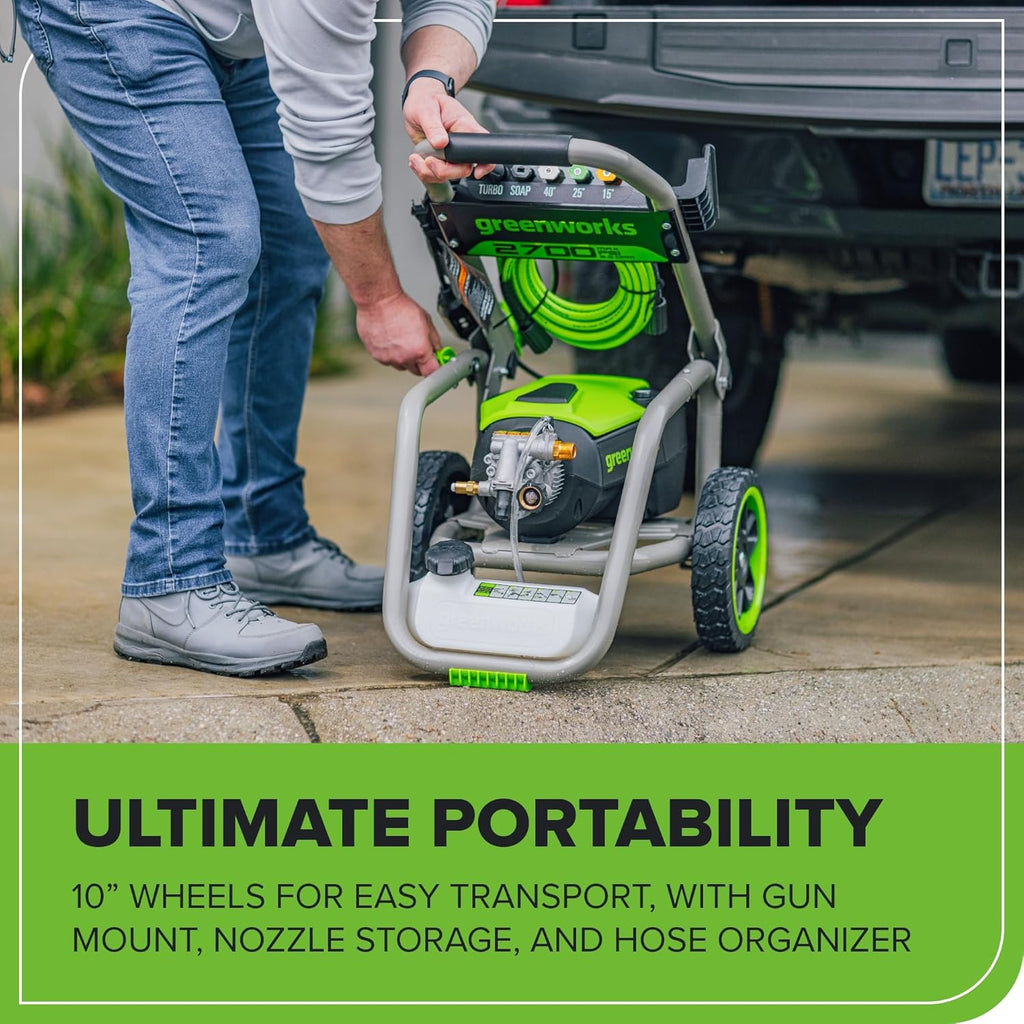 Greenworks Pro Brushless 2700 PSI (CSA Certified) 2.3 GPM Max / 1.2 GPM Electric Pressure Washer (Foldable Handles, Rugged Steel Frame, 25 FT Hose, 35 FT GFCI Power Cord)