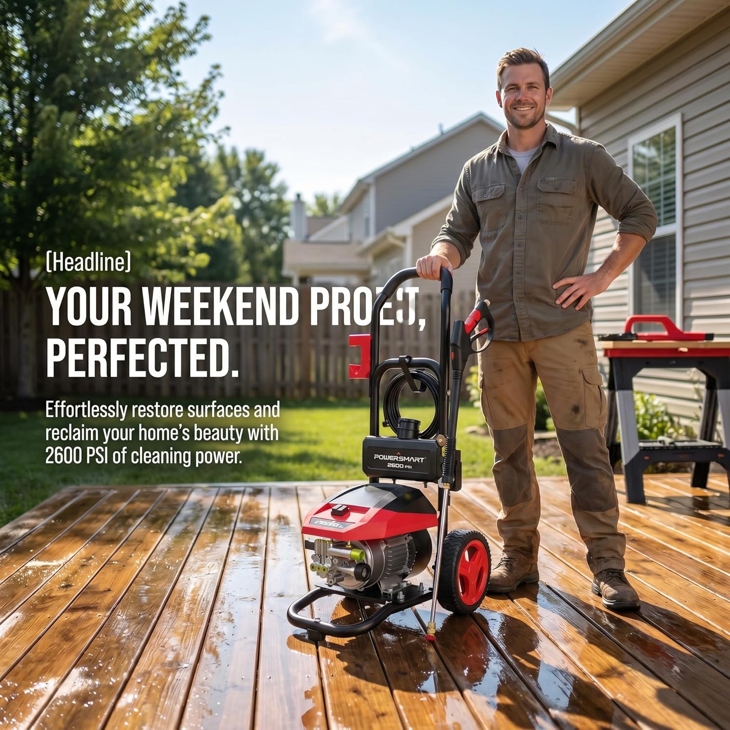 PowerSmart 3000 PSI Max Electric Pressure Washer-1.2 GPM Brushless Motor Power Washer with 5 Nozzles, GFCI Protection, 8” Wheels and Soap Tank, for Car, Patio, Fence, Driveway Cleaning