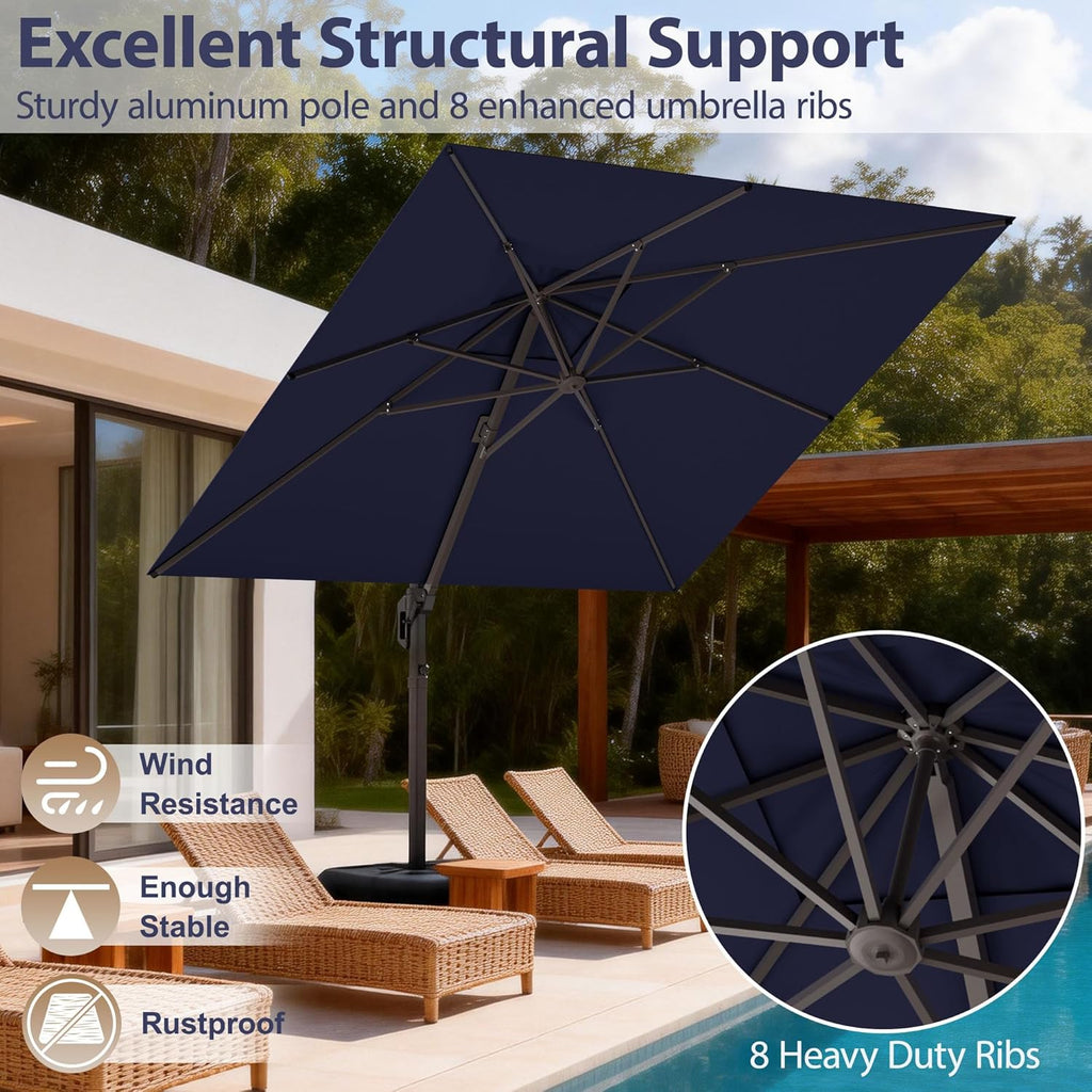 10' X 10' Patio Umbrella Cantilever Outdoor Rectangle Umbrella with Base Included, Heavy Duty 360°Rotation Offset Umbrella for Garden Deck Pool Patio, Navy Blue