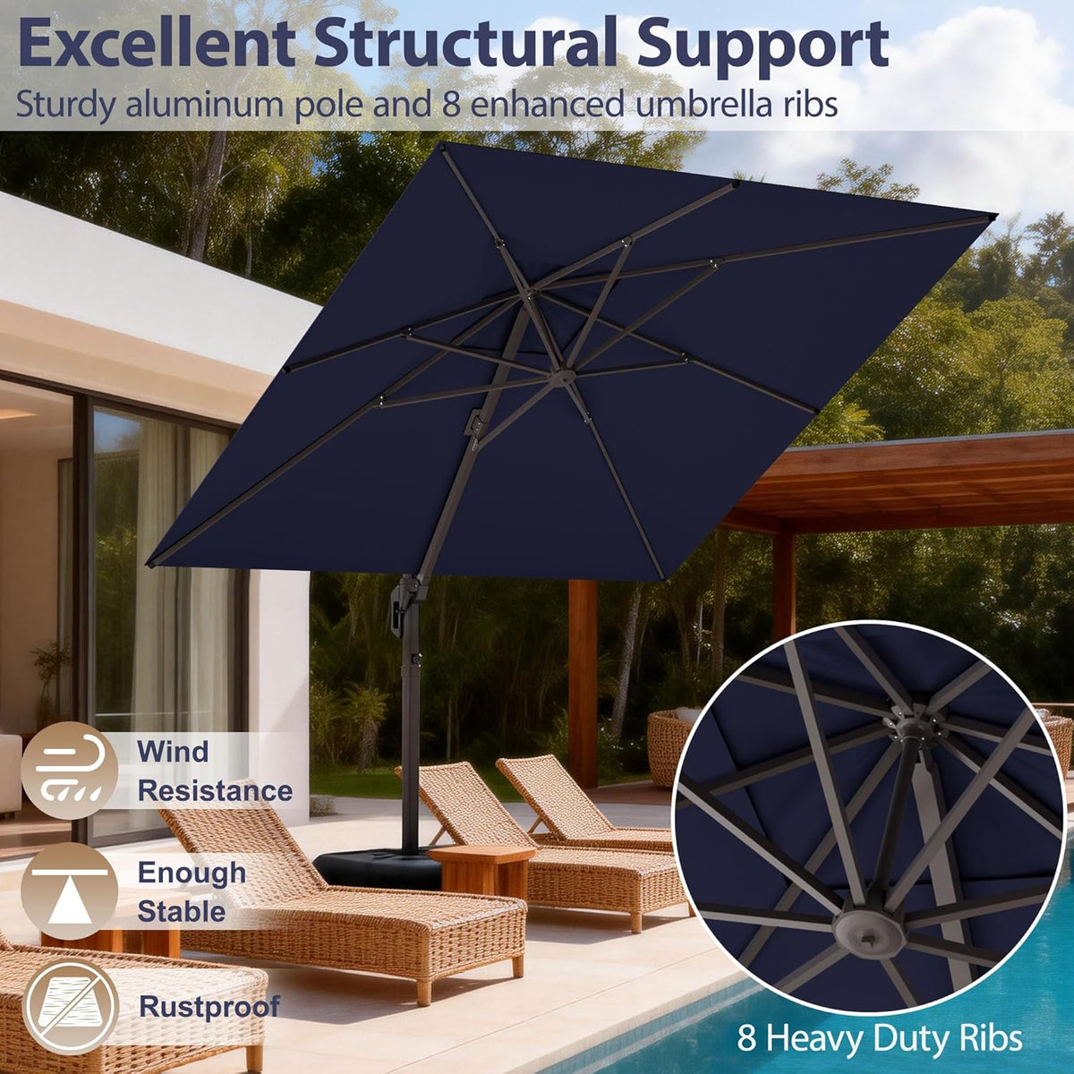 10' X 10' Patio Umbrella Cantilever Outdoor Rectangle Umbrella with Base Included, Heavy Duty 360°Rotation Offset Umbrella for Garden Deck Pool Patio, Navy Blue