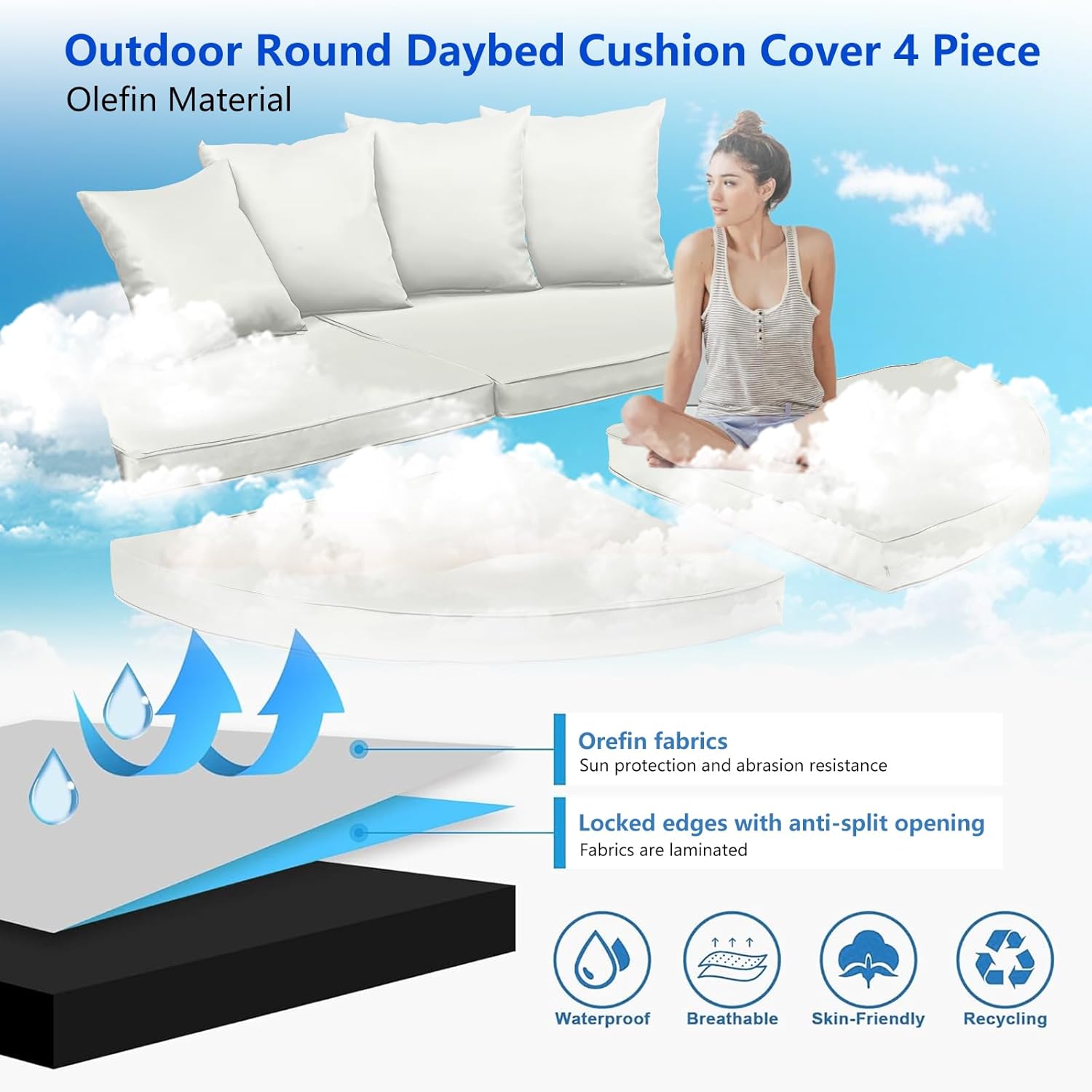 4PC Outdoor Round Daybed Cushion Cover with Zipper & Anti-Slip Particles,Circle Sun Island Sunbed Mattress Covers Waterproof,Patio Day Bed Cushions Slipcover ONLY COVER (White, 66*66*4inch)