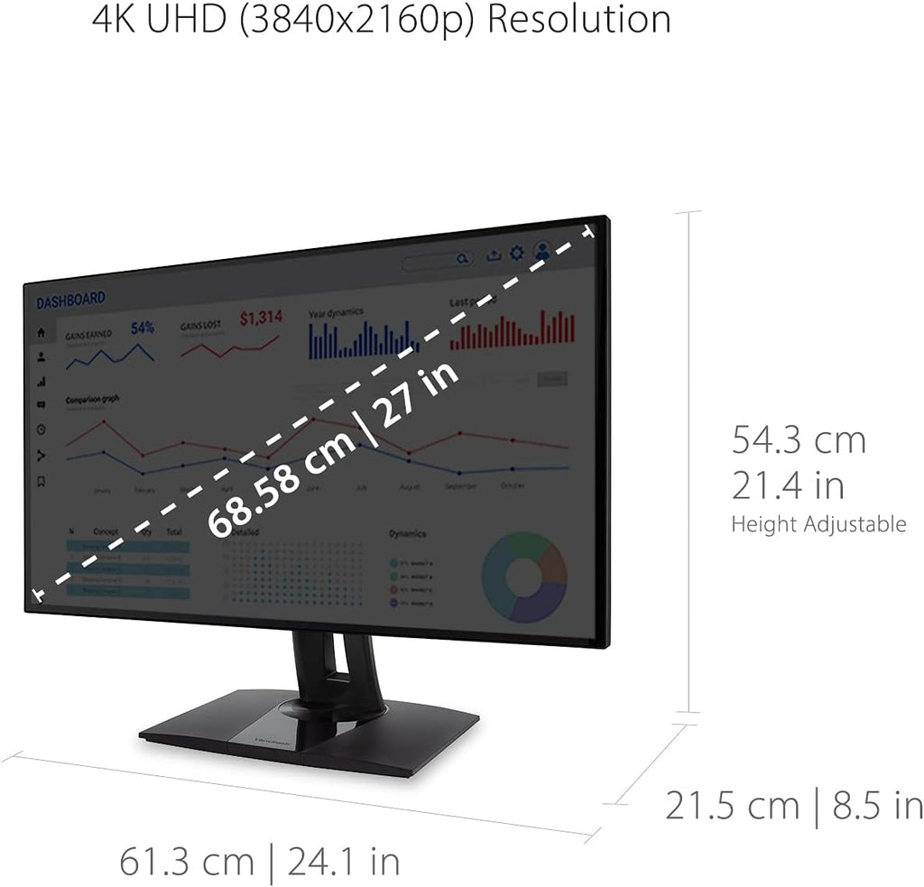 ViewSonic VP2768A-4K 27 Inch 4K ColorPro Monitor, IPS Display with 100% sRGB and Pantone Validated for Professional Photo Editing, Advanced Ergonomics, 90W USB-C, RJ45, HDR10, HDMI, and DisplayPort
