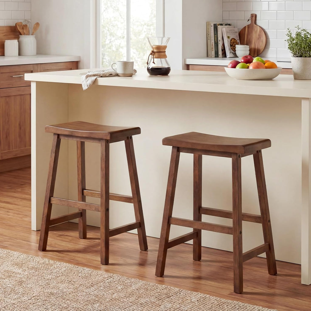 COSTWAY Solid Wood Saddle Stools Set of 4, 24-inch Height Backless Counter Chairs with Footrests, Mid-Century Modern Wooden Barstools for Kitchen Island Dining Room Pub Bistro Bar, Brown