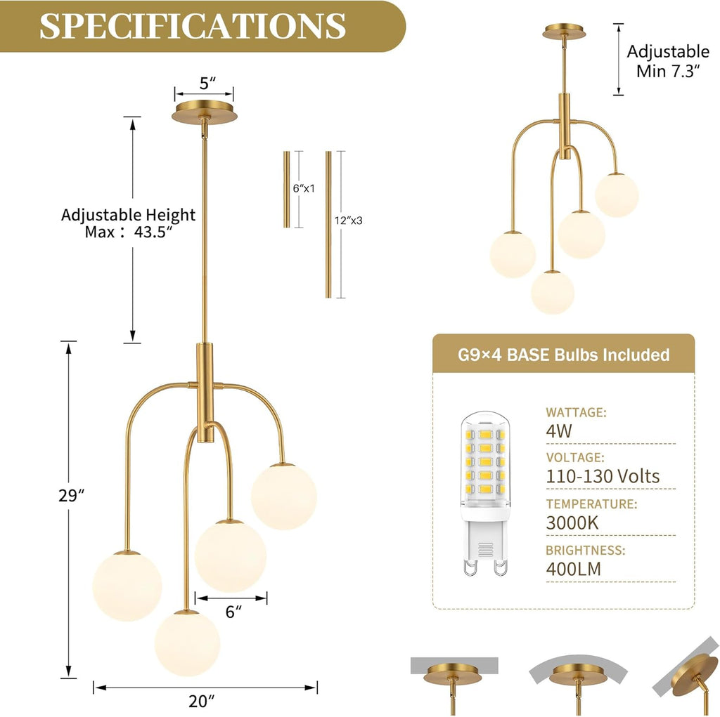 LamQee 4 Lights Mid Century Modern Chandelier, Milk Glass Globe Chandelier Light Fixture with Gold Metal & White Ball, Large Pendant Lighting Ceiling Hanging for Dining Room Kitchen Island Entryway